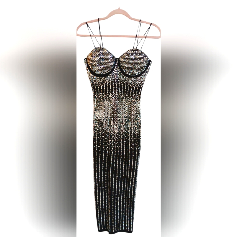 Women's Dazzling Black Rhinestone Maxi Dress- Size Small EUC